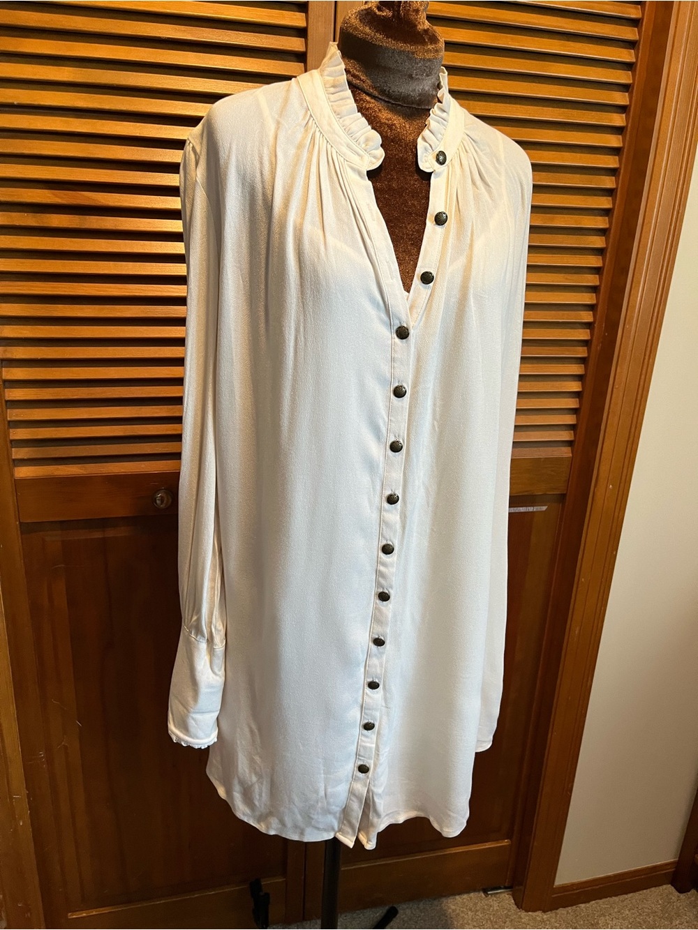 NWT Free People Cream Long Sleeve Ruffle Collar Button Front Blouse Dress